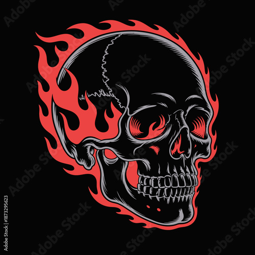 An eye-catching skull surrounded by flames creates an intense and edgy design, symbolizing rebellion, courage, and the raw essence of life and death in artistic expression.
