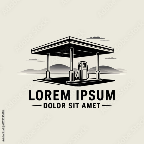 This vintage-inspired illustration features a classic fuel station, capturing nostalgia for the golden age of travel and road trips, complete with scenic background and retro aesthetics.