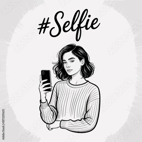 A fashionable young woman poses for a selfie, showcasing her unique style and confidence while holding her smartphone in front of her, capturing a moment of self-expression.