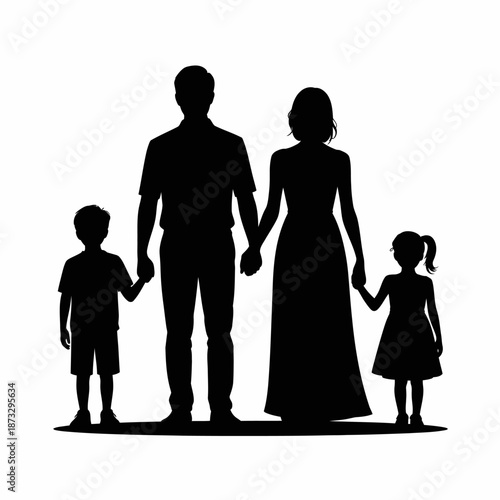 A striking silhouette of a family, consisting of two adults and two children holding hands, symbolizing unity, love, and togetherness in a heartfelt moment.