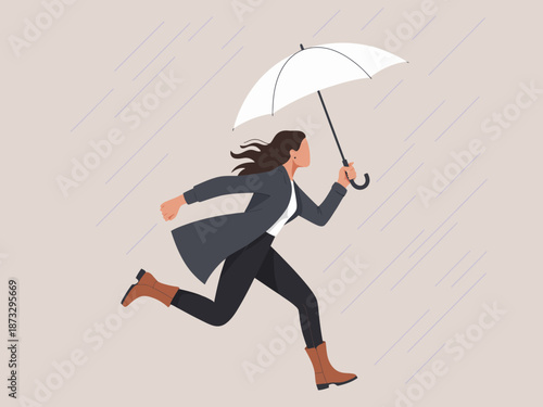 An energetic woman runs through the rain, gripping her umbrella tightly, showcasing determination and resilience in the face of an unexpected downpour or stormy weather.