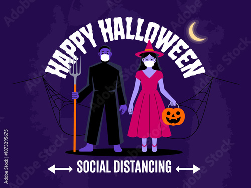 A creative Halloween-themed illustration featuring a couple dressed in costumes while wearing masks, promoting safety and fun during festivities amidst social distancing protocols.