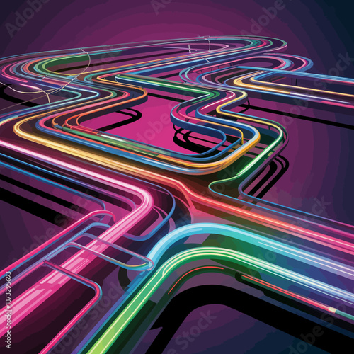 A mesmerizing abstract design featuring neon pathways in various colors, creating a futuristic and vibrant visual experience that captivates the viewer’s attention.
