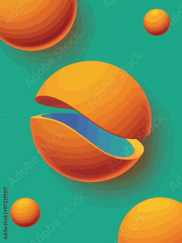 A minimalistic and vibrant illustration featuring spherical shapes in bright orange and blue colors, representing creativity and modern design aesthetics in a playful manner.