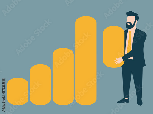An empowering image depicting a businessman holding a stack of coins with a financial growth chart, representing ambition, success, and the pursuit of prosperity.