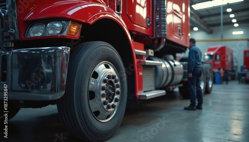 Red truck on careful maintenance in large industrial workshop. Mechanic stands by heavy vehicle, thoroughly checking vital parts, systems. Commercial semi truck gets pro service. Garage ensures big