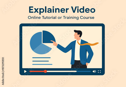 Explainer video online tutorial or training course, expertise explaining business strategy online, movie or education video clip, businessman expert explain business pie chart in video interface.