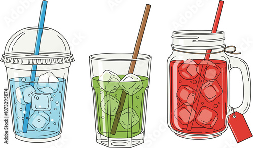 Refreshing cold drink vector set featuring iced tea in a mason jar blue soda and green lemonade with ice cubes and straws.