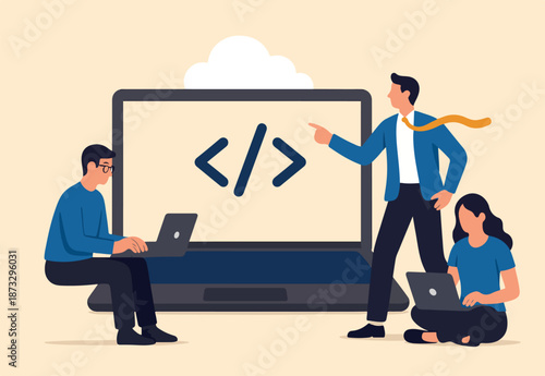 Software development, coding team, programming frontend backend framework, debugging algorithm, testing or deployment concept, young people software engineer working with online cloud computer laptop