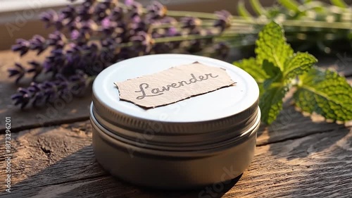A jar of lavender cream on a wooden surface with sprigs of fresh mint and dried flowers in the background, with space for text.