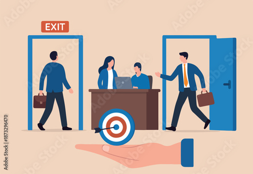Staff turnover or job rotation in people management, human resources to manage to recruit new people for replacement concept, businessman new hire entering office while other resigned for new job.
