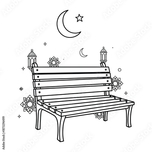 Serene Bench Scene: A tranquil scene features a bench adorned with Islamic motifs under a crescent moon, inviting reflection and serenity.