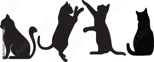 four black cat silhouettes in different playful poses sitting standing jumping reaching minimalist pet illustration design isolated on white background.