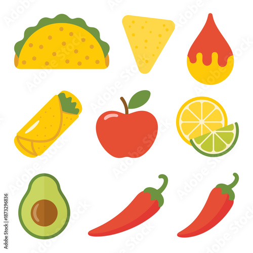 Collection of flat food including taco burrito chips lemon lime avocado apple and chili peppers nachos