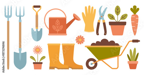 Collection of flat gardening tools and plants with orange watering can and boots