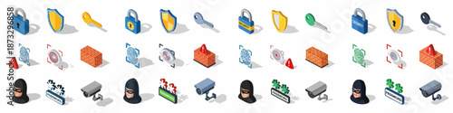 Isometric Security and Cybersecurity Icons Set: Featuring Padlocks, Keys, Shields, Biometrics, Firewalls, Surveillance Cameras, Passwords, and Hackers for Digital Protection.
