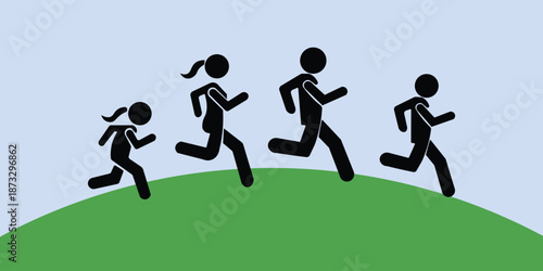 silhouette runners progressing uphill illustration showing growth development advancement teamwork success journey motivational concept design green landscape blue sky 