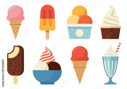 Collection of flat ice cream treats including cones popsicles and milkshakes