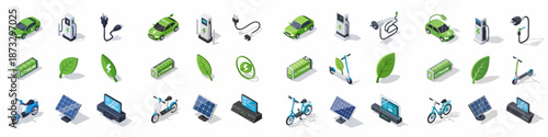Isometric Electric Vehicle and Green Energy Icon Set. EV charging, lithium battery, solar power, electric car, scooter, and bike symbols for sustainable technology.