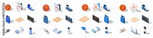 Isometric Basketball Equipment Icons Set: Ball, Hoop, Shoes, Jersey, Court, Scoreboard, Whistle, Towel, and Water Bottle for Sport Graphics.