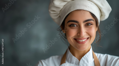 Smiling Female Chef in Uniform and Hat | Professional Culinary Portrait with Joyful Expression in Restaurant Kitchen