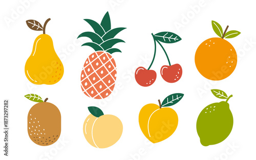 Collection of stylized fruits including pear pineapple cherries orange peach lime and plum cherry
