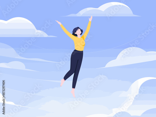 An ethereal depiction of a woman joyfully dancing amidst fluffy clouds, embodying a sense of freedom, happiness, and the limitless possibilities that life has to offer in a whimsical design.