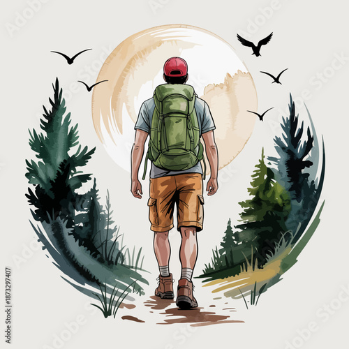 A person hiking through a serene and beautiful natural landscape, representing the spirit of adventure, exploration, and the allure of nature in a vibrant and exciting illustration.