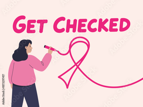 This image emphasizes the importance of health checks through a stylized pink ribbon and a woman actively engaging with it, promoting awareness and prevention.