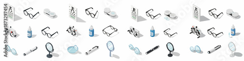 Isometric Vision Care and Optometry Icon Set: Glasses, Snellen Charts, Contact Lenses, and Examination Equipment for Eye Health.