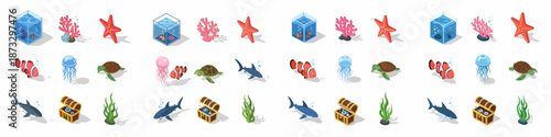 Isometric Sea Life and Underwater Objects Icons Set: Clownfish, Shark, Jellyfish, Turtle, Starfish, Coral, Aquarium, and Treasure Chest Elements on White Background.