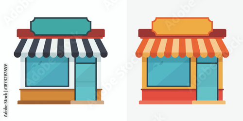 Flat storefronts with awnings and blank signs in teal and orange color schemes shop building