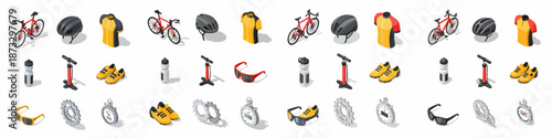 Isometric Cycling Gear and Equipment Collection for Sports and Racing, featuring bike, helmet, jersey, shoes, pump, and stopwatch icons on white background.