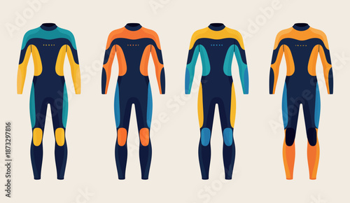 Full body wetsuits in different color variations displayed side by side a light background surf water