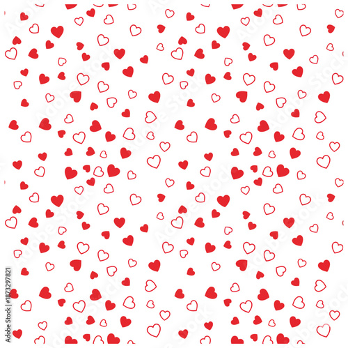 Valentine Dense red heart confetti pattern featuring tiny outlines and solid shapes scattered for a festive and celebratory romantic background.
