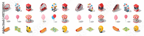 Amusement Park Isometric Icons Set: Rides, Food, and Attractions including Roller Coasters, Ferris Wheels, Carousels, and Tickets.