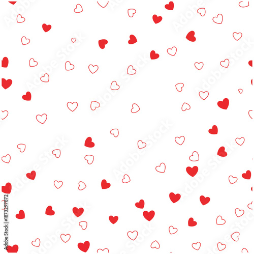 Valentine Lively pattern of random solid red hearts and outlines of various sizes on a white background for dynamic and fun romantic themes.
