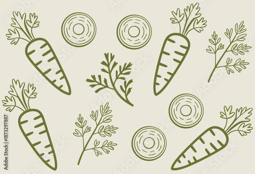Hand drawn green carrot and parsley sprig pattern beige background herb vegetable