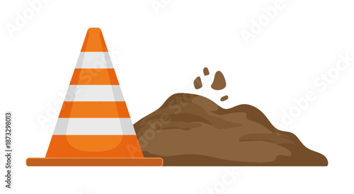 Orange and white striped traffic cone next to a pile of brown dirt with flying clods
