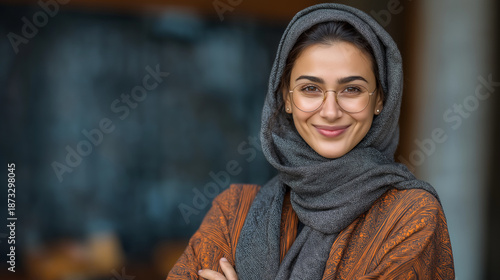 Confident Smiling Woman in Hijab and Glasses: Portrait of Natural Beauty and Positive Energy in Cultural Attire