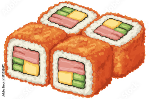 Pieces of orange tobiko sushi rolls with pink tuna green avocado and yellow tamagoyaki filling white background