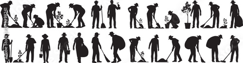 Collection of silhouetted figures engaged in diverse gardening and farming activities on a transparent background