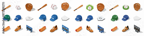 Isometric Baseball Equipment and Fan Essentials Collection featuring Bats, Balls, Gloves, Helmets, Bases, Cleats, Hot Dogs, and Scoreboards.