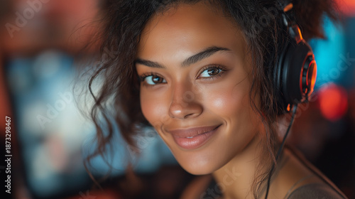 Smiling Woman Wearing Headphones: Vibrant Online Gamer Portrait in Studio Setting
