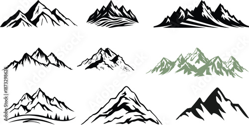 Mountain icon logo vector illustration for adventure outdoor sport graphic design. Black stone and landscape drawing, different shape of peak logo mountain icon silhouettes. Evergreen forest black