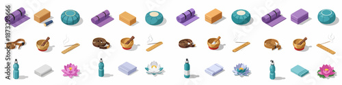 Isometric Icons of Yoga and Meditation Accessories: Mats, Blocks, Zafus, Incense, Singing Bowls, Towels, and Lotus Flowers for Wellness and Mindfulness.