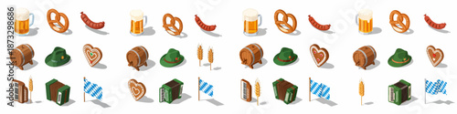 Isometric set of traditional Bavarian and Oktoberfest symbols: beer mugs, pretzels, sausage, Trachten hat, accordion, barrel, and gingerbread hearts.