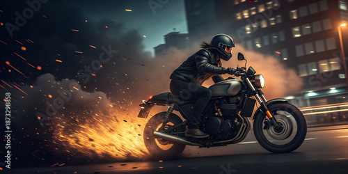 Motorcycle chase, epic scene from action movie, hero on motorbike escapes from the police, explosion on background. Generative AI
