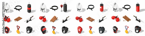 Isometric collection of martial arts and boxing training equipment icons including gi, black belts, gloves, punching bags, protective gear, and championship medals.