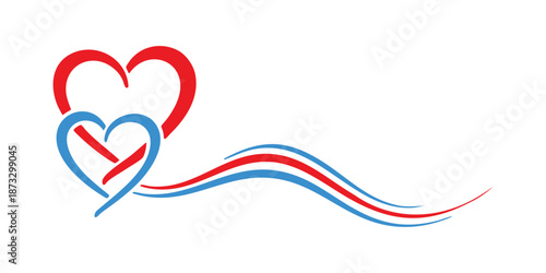 Illustration of intertwined red and blue hearts with flowing ribbons